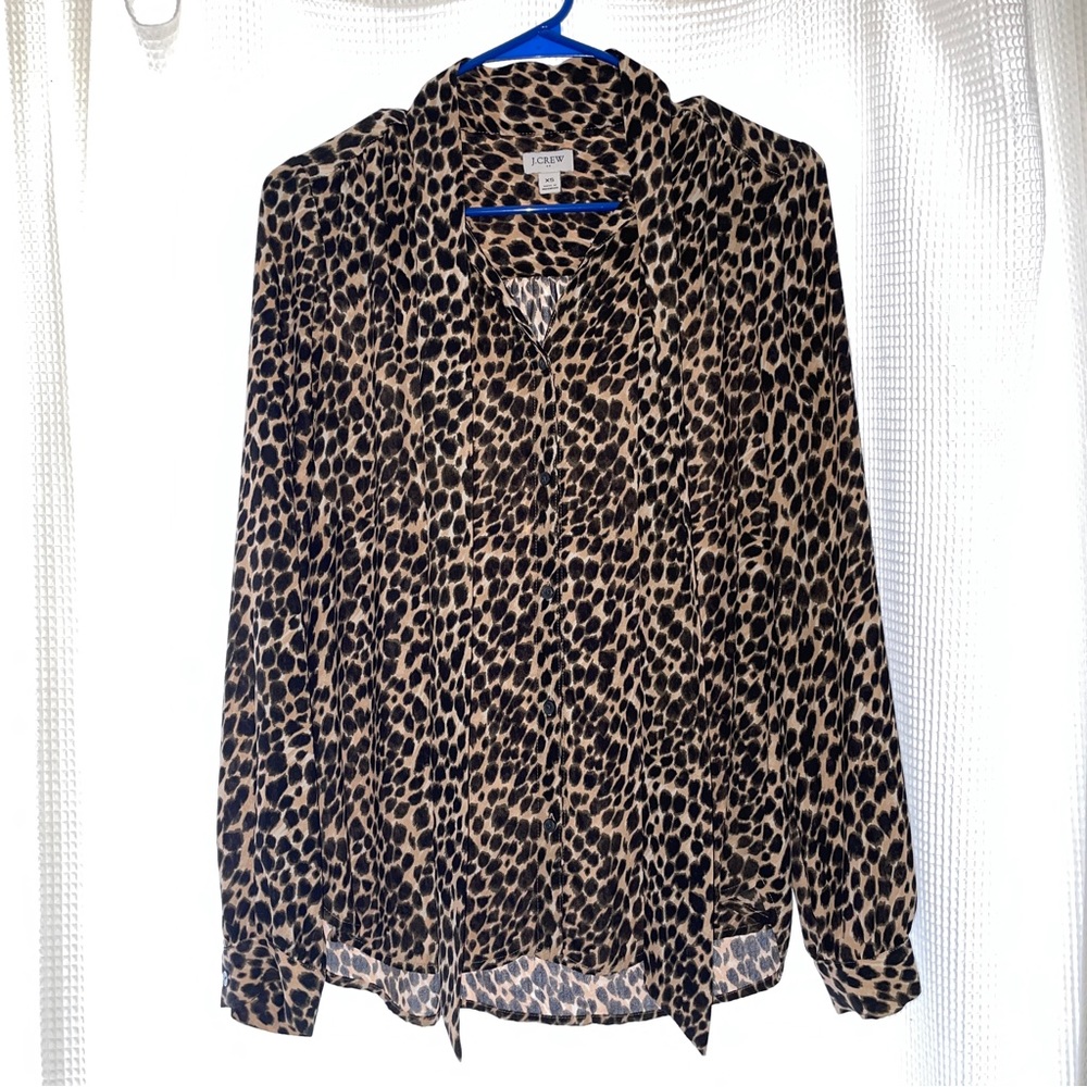 J Crew spotted print drapey top with tie front